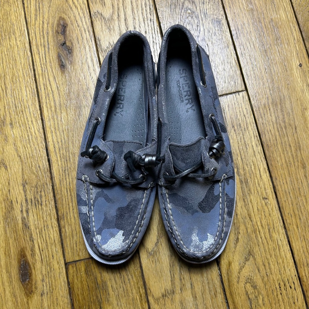 Sperry‎ Top-Sider Womens Blue Camo Metallic Silver Boat Shoes Loafers Camouflage